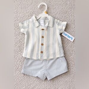 Carter's Neutral Striped Button-Up Shirt & Light Shorts Set Newborn NWT